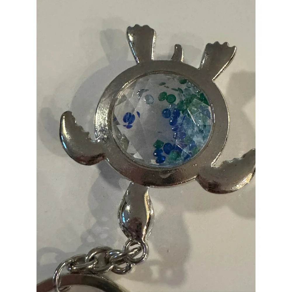 Silver Sea Turtle Shaker Keychain Blue Green Crystals AB Rhinestones Pearl Charm